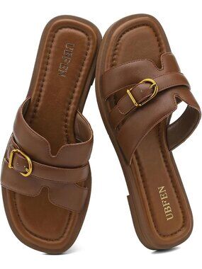 Women's Dark Brown Square Toe Flat Sandals Slides Dressy Comfortable for Beach